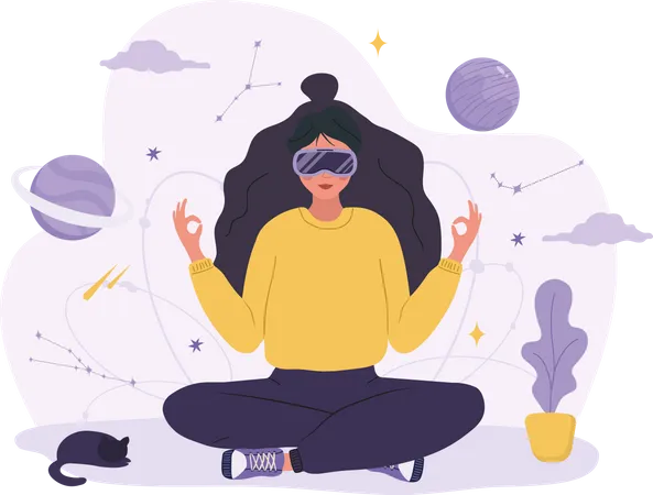 Mulher de óculos VR meditando e relaxando  Ilustração