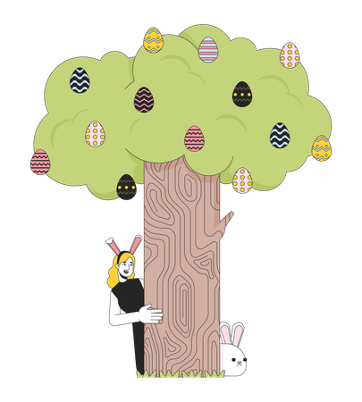 Mulher com orelhas de coelho espiando ao redor da árvore  Ilustração
