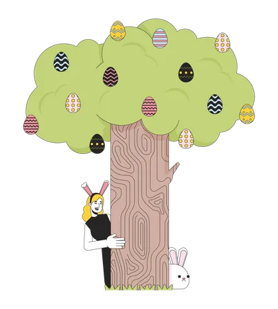 Mulher com orelhas de coelho espiando ao redor da árvore  Ilustração