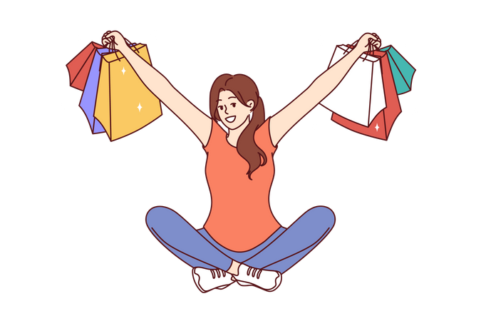 Mulher com pacotes de lojas de roupas sentada com os braços abertos após compras bem-sucedidas  Ilustração
