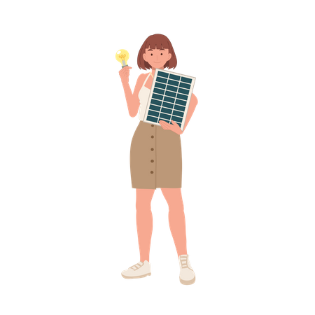 Mulher com painel de célula solar e lâmpada para mostrar energia limpa  Ilustração