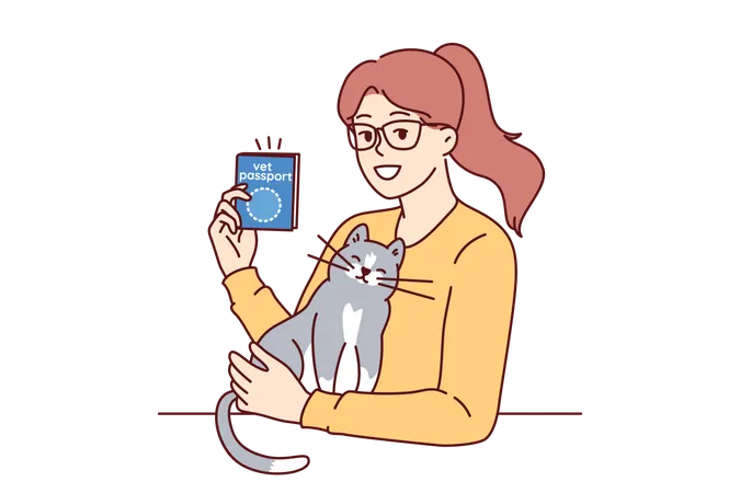 Mulher com passaporte veterinário acaricia gato demonstrando documento veterinário que permite viajar com animal de estimação  Ilustração