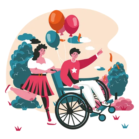 Mulher com prótese de perna carrega homem em cadeira de rodas para comemorar  Ilustração
