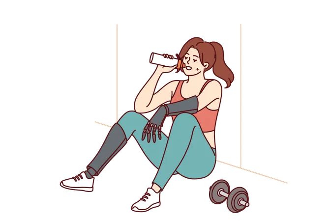 Mulher com braços e pernas protéticos bebendo água após treino  Ilustração