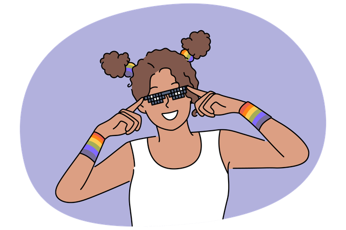 Mulher com pulseiras LGBT ajusta óculos escuros e sorri  Ilustração