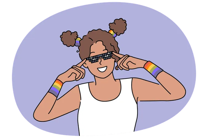 Mulher com pulseiras LGBT ajusta óculos escuros e sorri  Ilustração