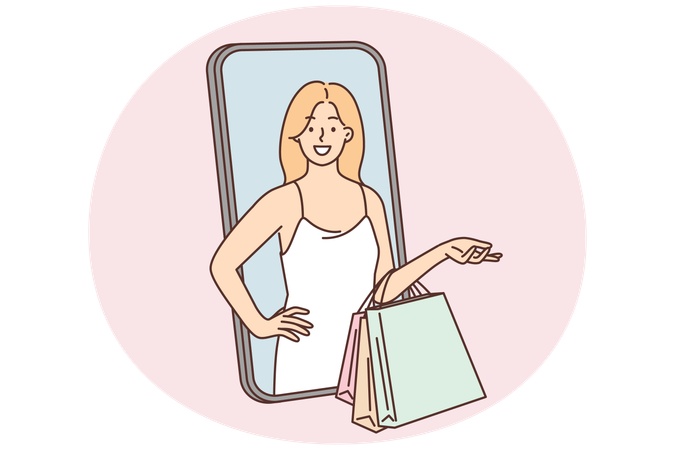 Mulher com sacolas de compras espiando pela tela do celular recomendando o uso de aplicativo móvel para compras online  Ilustração