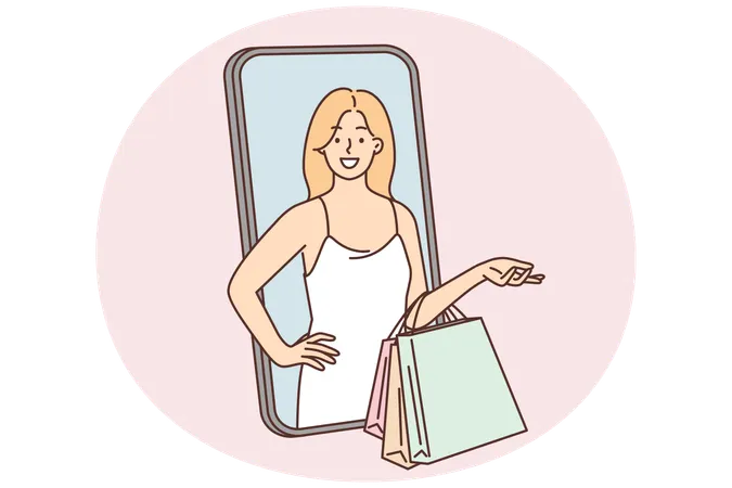 Mulher com sacolas de compras espiando pela tela do celular recomendando o uso de aplicativo móvel para compras online  Ilustração