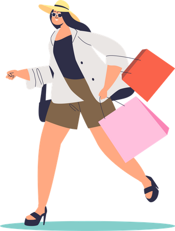 Mulher com sacolas de compras correndo  Ilustração