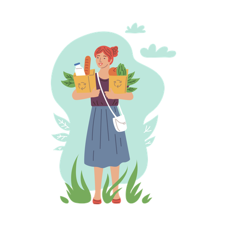 Mulher com sacos de papel vivendo um estilo de vida ecologicamente correto  Ilustração