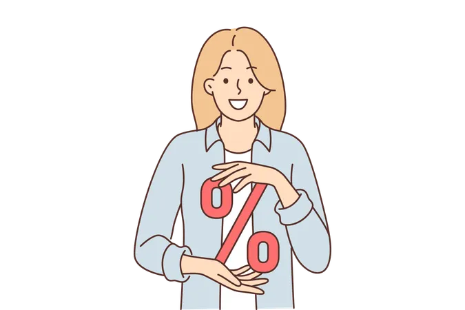 Mulher com sinal de porcentagem simbolizando descontos para compras ou grande reembolso após a compra  Ilustração