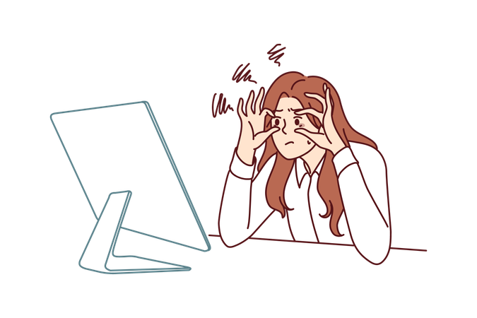 Mulher com sono tentando ficar acordada sentada no local de trabalho com monitor  Ilustração