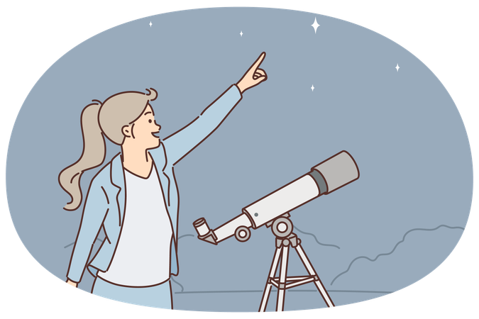 Mulher com telescópio aponta o dedo para o céu estrelado enquanto gosta de astronomia e observação do espaço  Ilustração