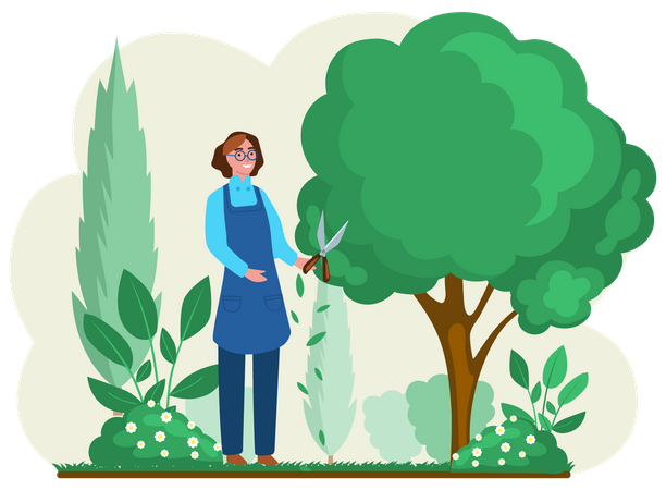 Mulher com tesoura corta grande árvore verde e arbusto  Ilustração