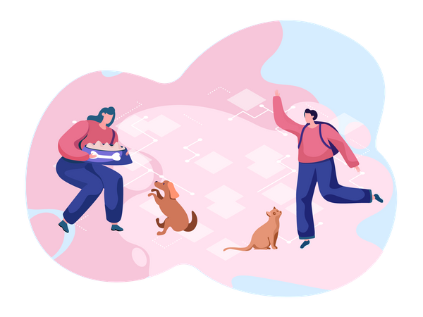 Mulher com tigela de comida vai alimentar cachorro e homem está treinando seu gato  Ilustração