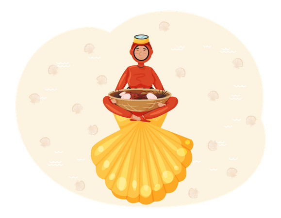 Mulher em traje de mergulho segura frutos do mar, prato nacional  Ilustração