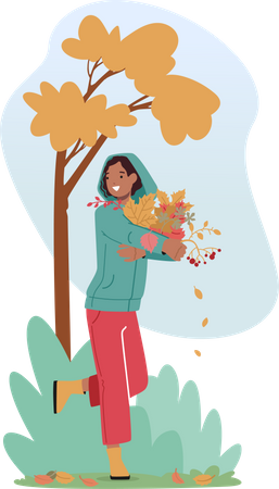 Mulher com um monte de folhas caindo aproveitando o clima ensolarado de outono  Ilustração