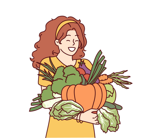 Mulher com legumes nas mãos exulta com boa colheita  Ilustração