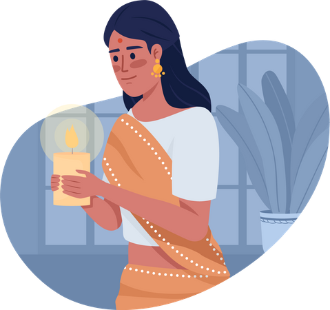 Mulher com vela comemorando Diwali  Ilustração