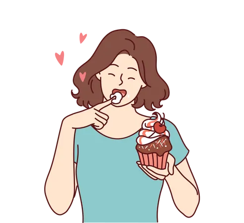 Mulher come cupcake delicioso, lambendo creme doce do dedo e desfrutando de sobremesa apetitosa  Ilustração