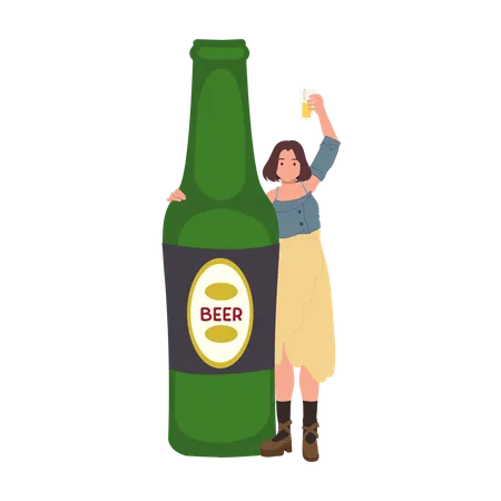 Mulher comemorando com uma garrafa de cerveja grande  Ilustração