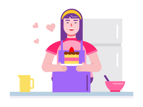 Mulher com bolo na mão sorrindo para a padaria  Ilustração