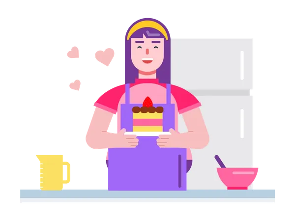 Mulher com bolo na mão sorrindo para a padaria  Ilustração