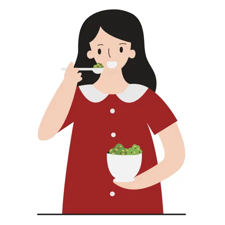 Mulher comendo salada de comida saudável  Ilustração