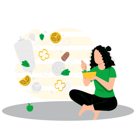 Mulher comendo comida saudável  Ilustração