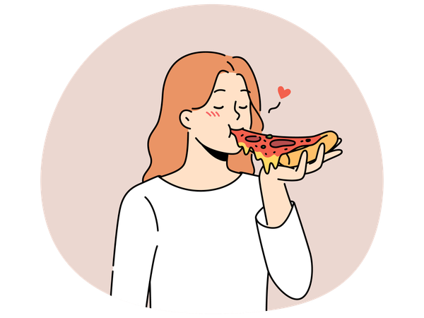 Mulher comendo uma saborosa pizza italiana  Ilustração