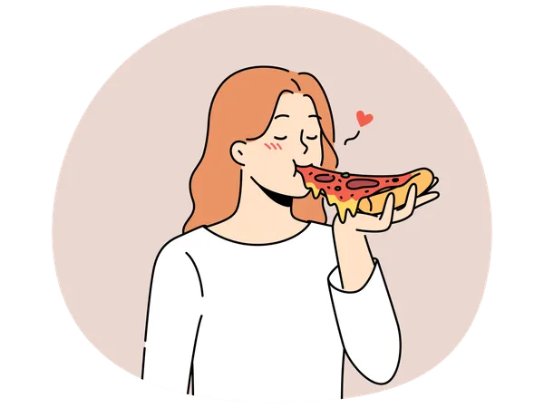 Mulher comendo uma saborosa pizza italiana  Ilustração