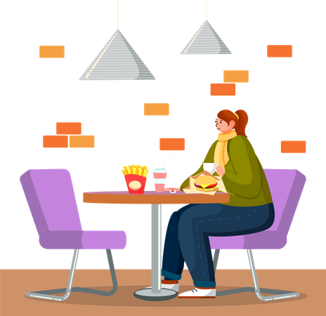 Mulher comendo hambúrguer em restaurante fastfood  Ilustração