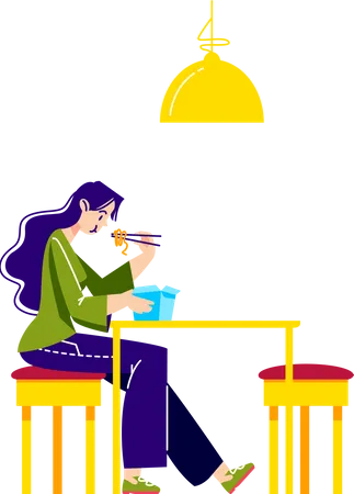 Mulher comendo macarrão udon  Ilustração