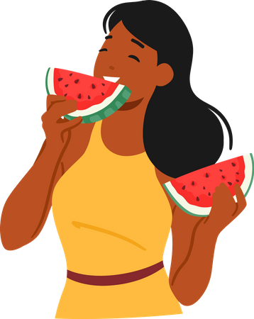 Mulher comendo melancia em um dia de verão  Ilustração