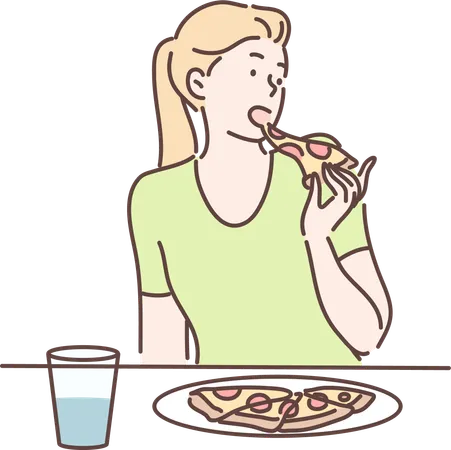 Mulher comendo pizza  Ilustração