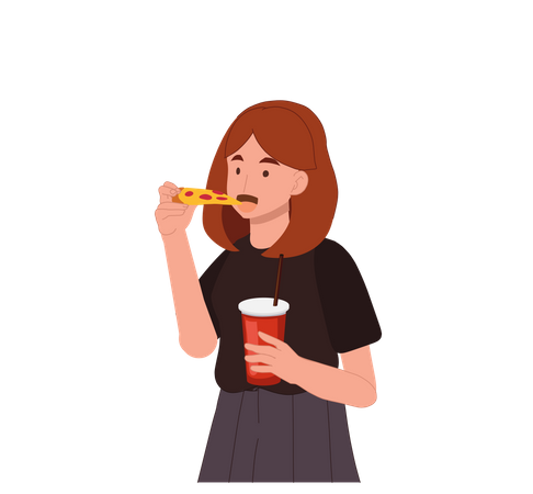 Mulher comendo pizza enquanto segura refrigerante  Ilustração