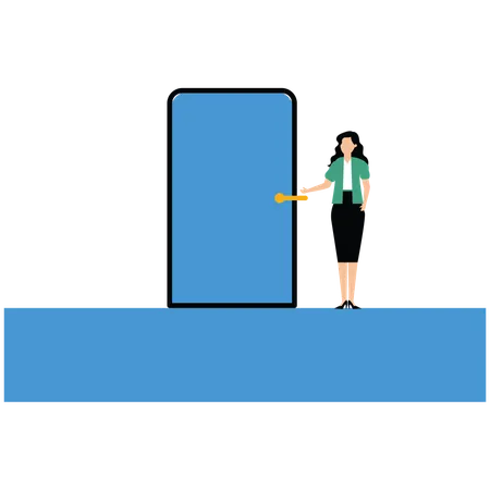 Comerciante espera pacientemente na porta aberta  Ilustração