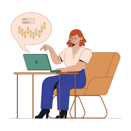 Comerciante feminina trabalha em um computador  Ilustração