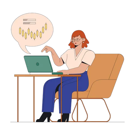 Comerciante feminina trabalha em um computador  Ilustração
