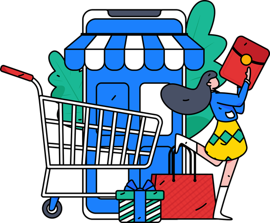 Mulher compra roupas em loja digital  Ilustração