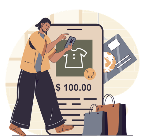 Mulher compra roupas em aplicativo online  Ilustração