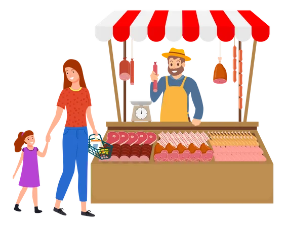 Mulher comprando carne no açougue local  Ilustração