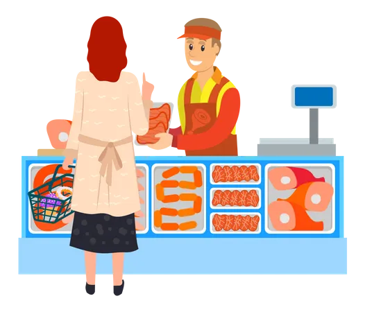 Mulher comprando carne no açougue  Ilustração