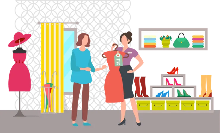 Mulher fazendo compras durante a venda na loja  Ilustração