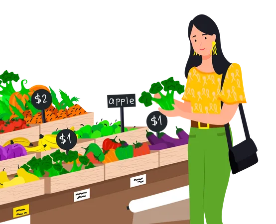 Mulher Escolhe Produtos No Departamento De Vegetais Do Supermercado Garota Faz Compras No Supermercado Loja De Alimentos A Senhora Compra Vegetais Frescos E Naturais Compras No Conceito Moderno De Supermercado Ilustração