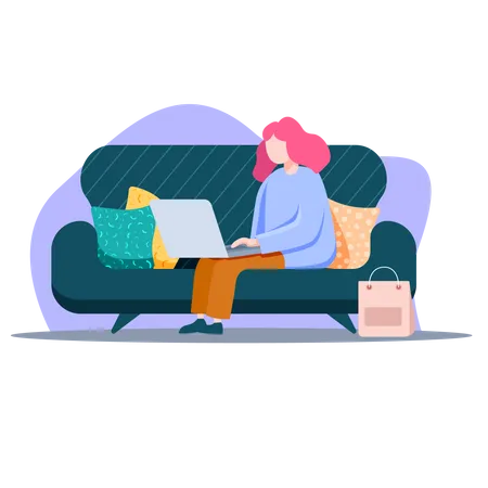 Mulher fazendo compras online no sofá  Ilustração