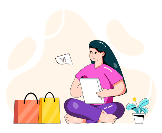 Mulher fazendo compras on-line usando tablet  Ilustração
