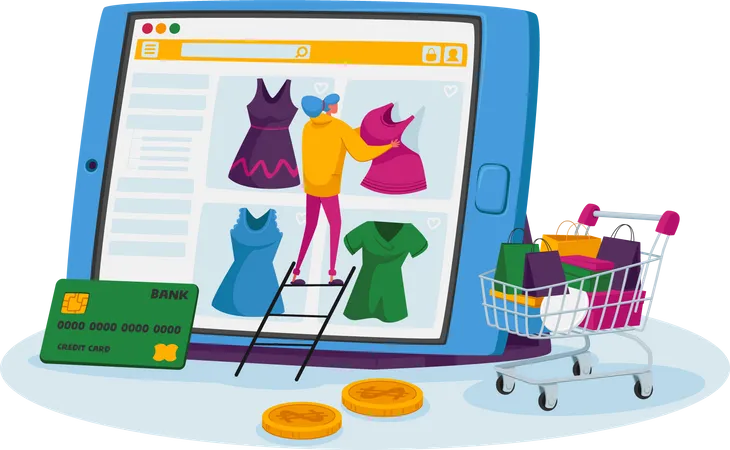 Mulher comprando produtos on-line pagando com cartão  Ilustração