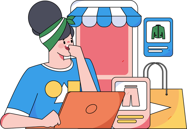 Mulher comprando roupas em site de compras  Ilustração