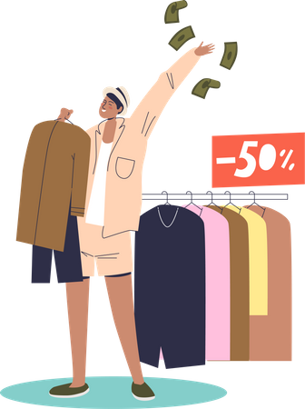 Mulher comprando roupas novas com venda de 50%  Ilustração